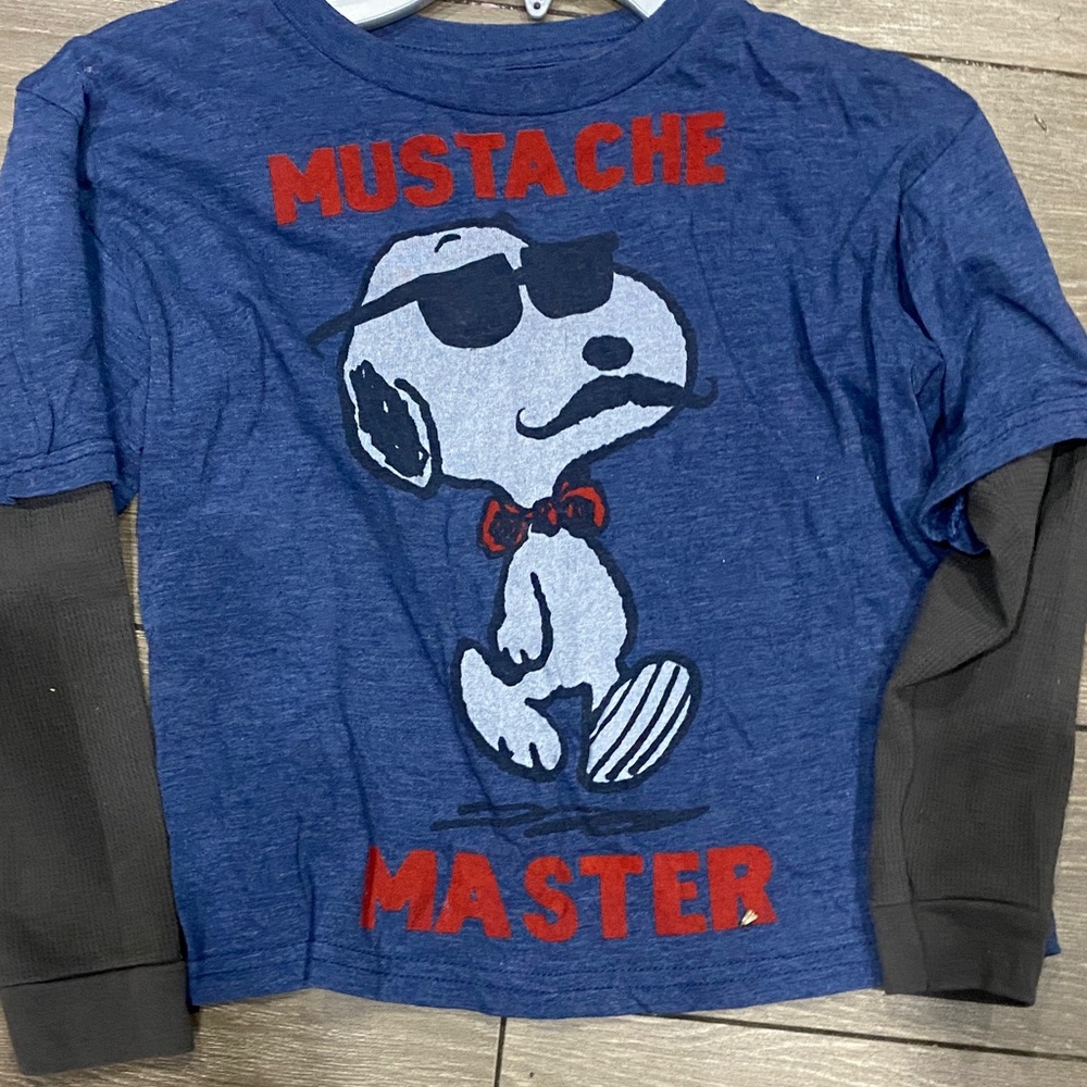 Peanuts Mustache Master Blue and Grey Long Sleeve Tee Snoopy shirt.  Kids XS
